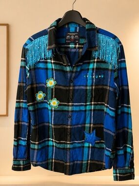American Eagle Outfitters Blue & Black Plaid Fringe Button-Down Shirt